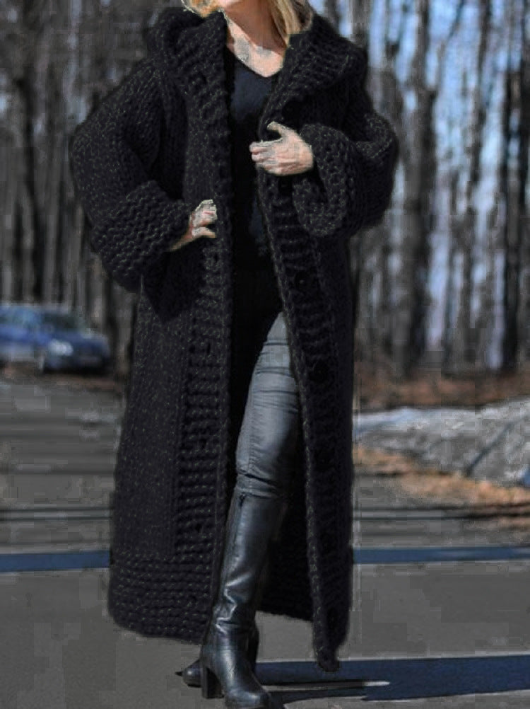Women's Oversize Chunky Knit Maxi Coat with Hood and Button Placket Mune Fashion