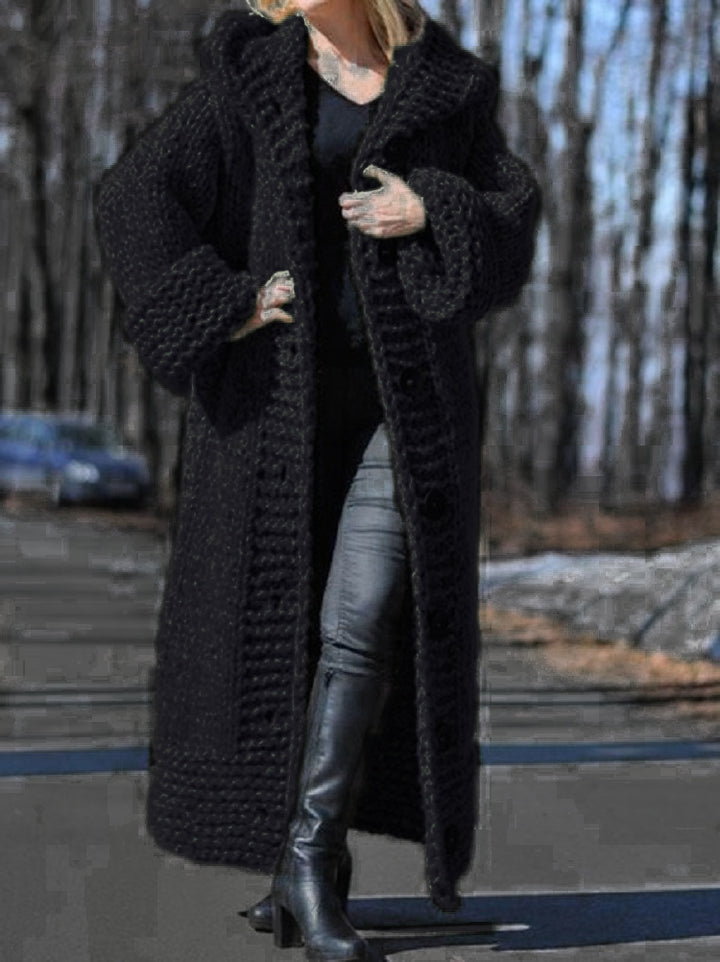 Women's Oversize Chunky Knit Maxi Coat with Hood and Button Placket Mune Fashion