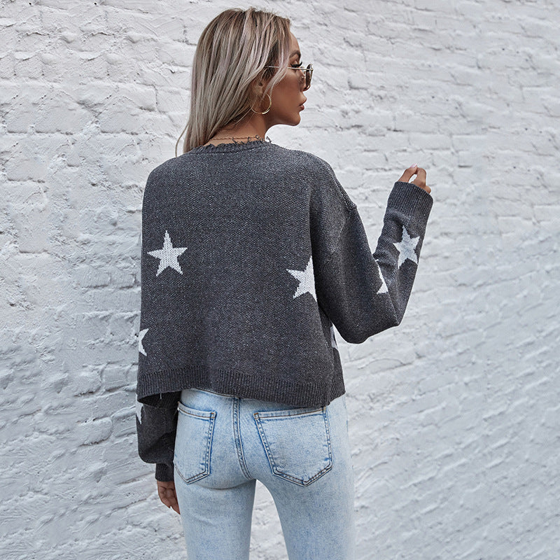 Women's Short Cut V-Neck Knit Cardigan with Star Jacquard and Fringe Trim Mune Fashion
