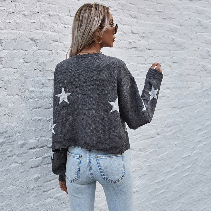 Women's Short Cut V-Neck Knit Cardigan with Star Jacquard and Fringe Trim Mune Fashion