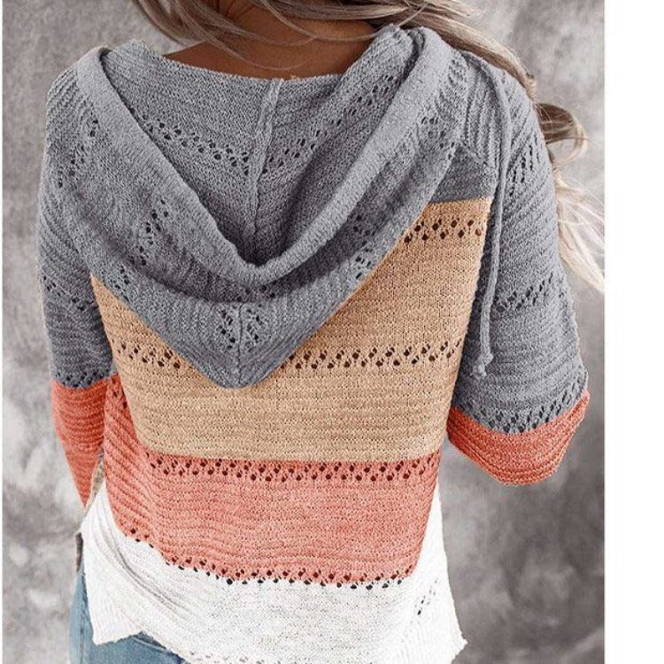 Women Loose Knit Hoodie with Eyelet Pattern and Kangaroo Pocket Mune Fashion