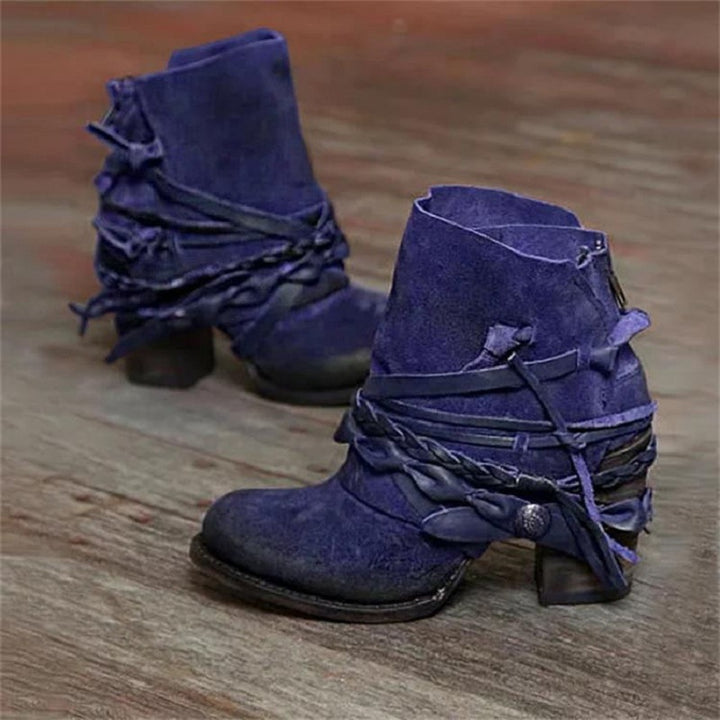 Women's Vintage Western Ankle Boots made of Suede with braided strap details and practical heel zip Mune Fashion