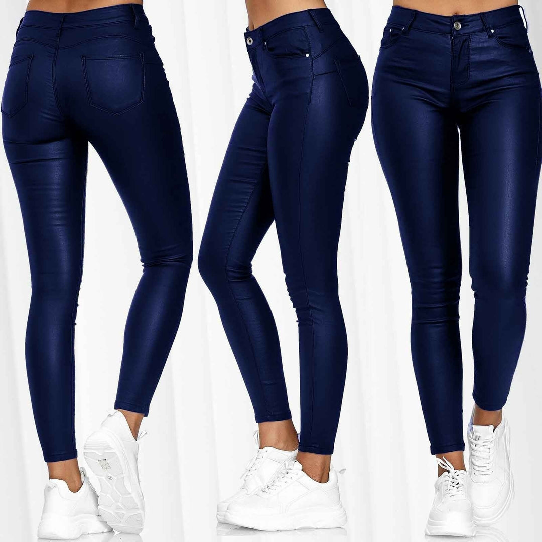 Women's high-waist vegan leather leggings with high elasticity and five-pocket look Mune Fashion
