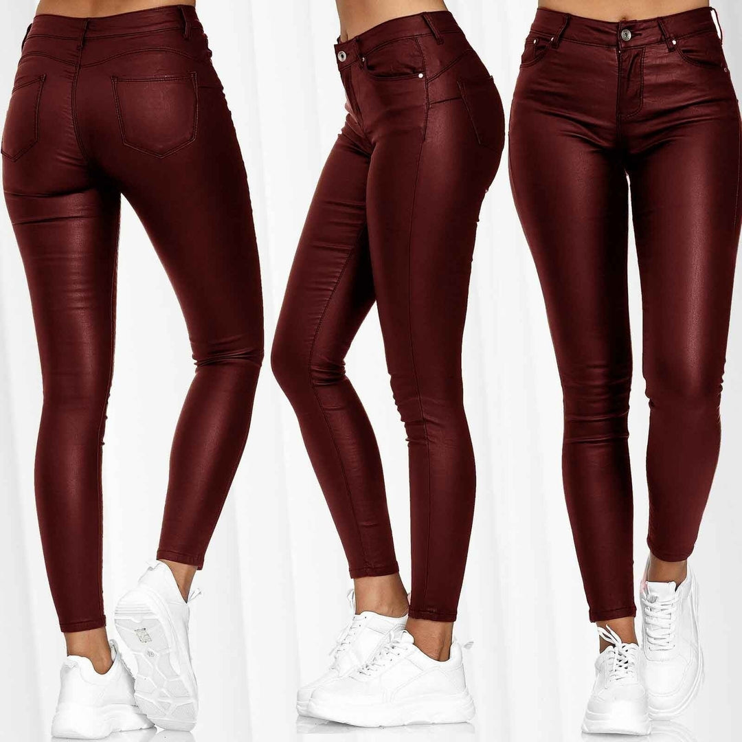 Women's high-waist vegan leather leggings with high elasticity and five-pocket look Mune Fashion
