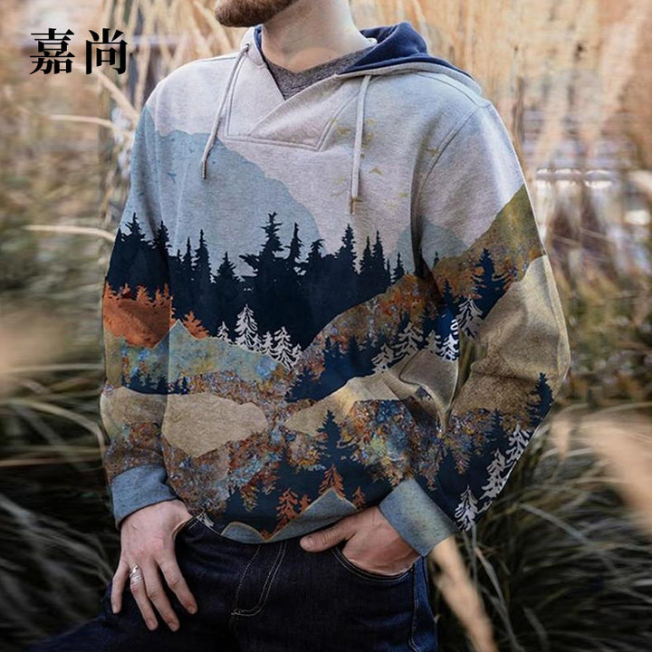Men's spacious hoodie with large forest mountain print and kangaroo pocket Mune Fashion