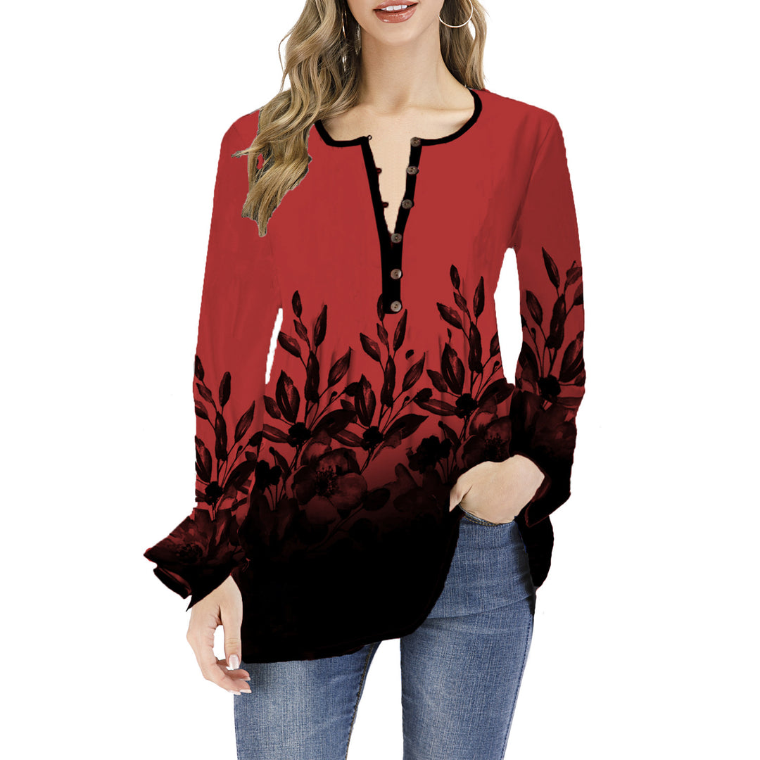 Women's Loose Long Sleeve Tunic Shirt with Henley Button Placket and Floral Ombre Print Mune Fashion