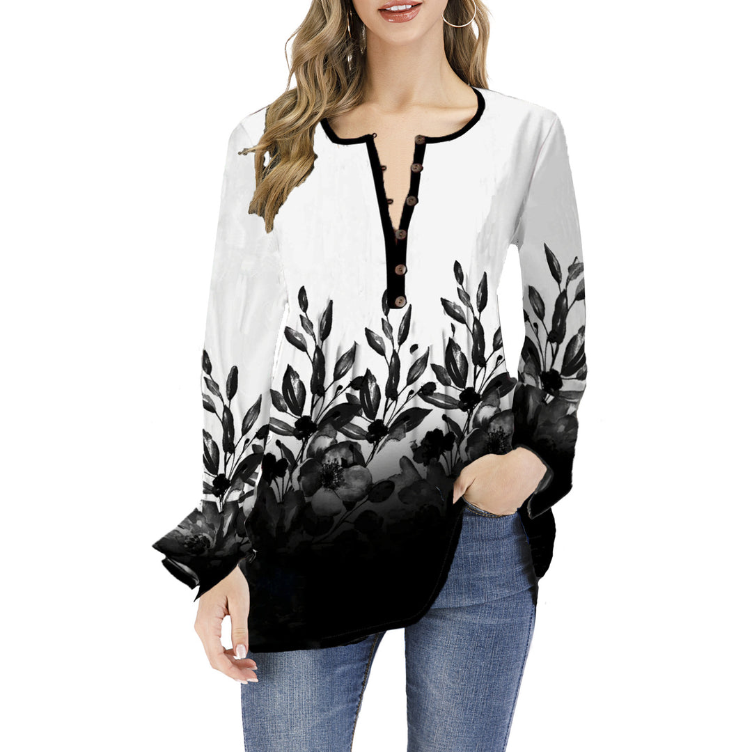 Women's Loose Long Sleeve Tunic Shirt with Henley Button Placket and Floral Ombre Print Mune Fashion