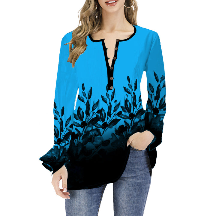 Women's Loose Long Sleeve Tunic Shirt with Henley Button Placket and Floral Ombre Print Mune Fashion