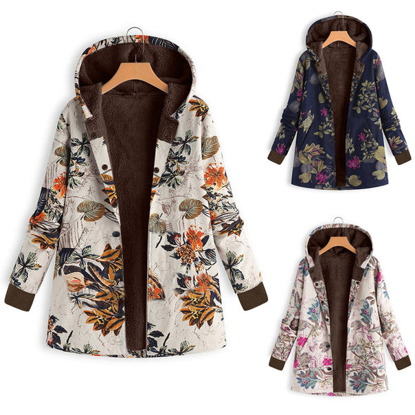 Women Padded Hooded Jacket with Faux Fur Lining, Floral Print and Insert Pockets Mune Fashion