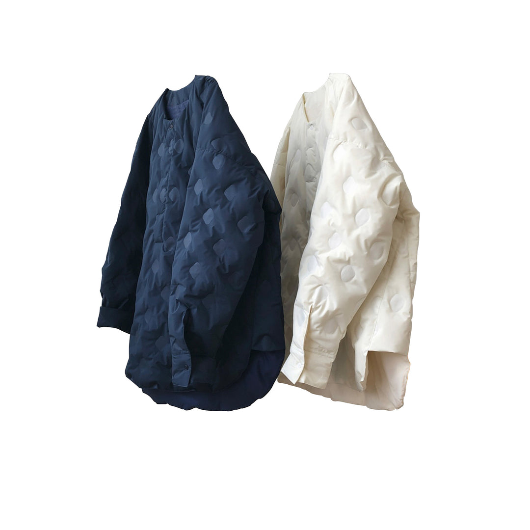 Women’s Oversized Quilted Jacket Without Collar with Round Neckline and Light Padding Mune Fashion
