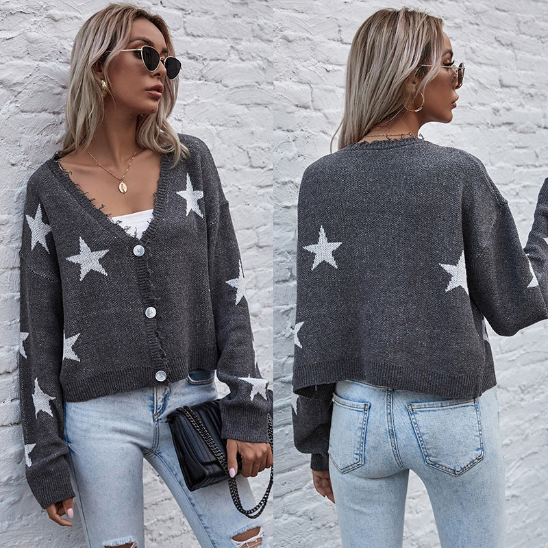 Women's Short Cut V-Neck Knit Cardigan with Star Jacquard and Fringe Trim Mune Fashion