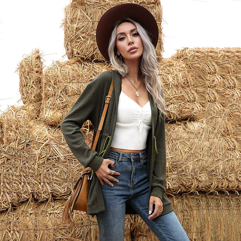 Women Longline Fine Knit Cardigan with Drawstring, Rib Structure and Insert Pockets Mune Fashion