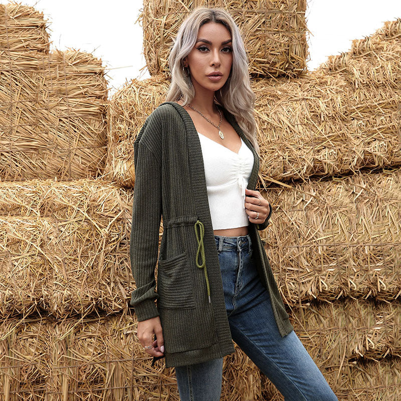 Women Longline Fine Knit Cardigan with Drawstring, Rib Structure and Insert Pockets Mune Fashion