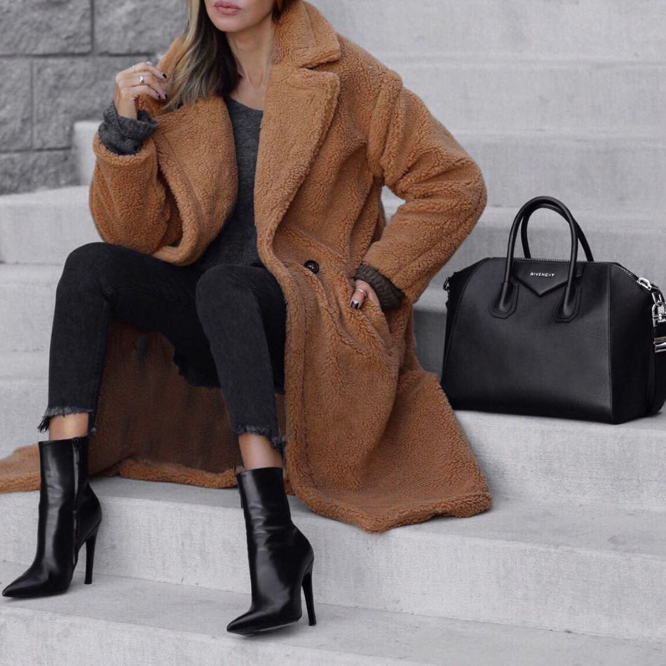 Ladies longer teddy coat with large lapel collar, double button placket and practical side pockets Mune Fashion