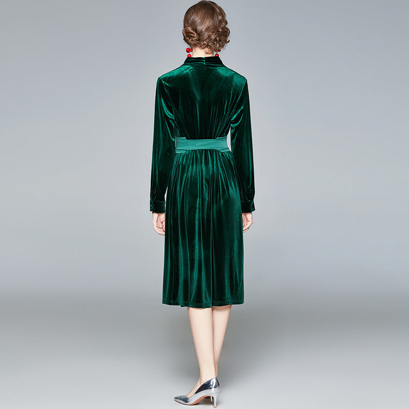 Women Velvet Midi Dress with Stand-up Collar and Fitted Tie Belt Mune Fashion