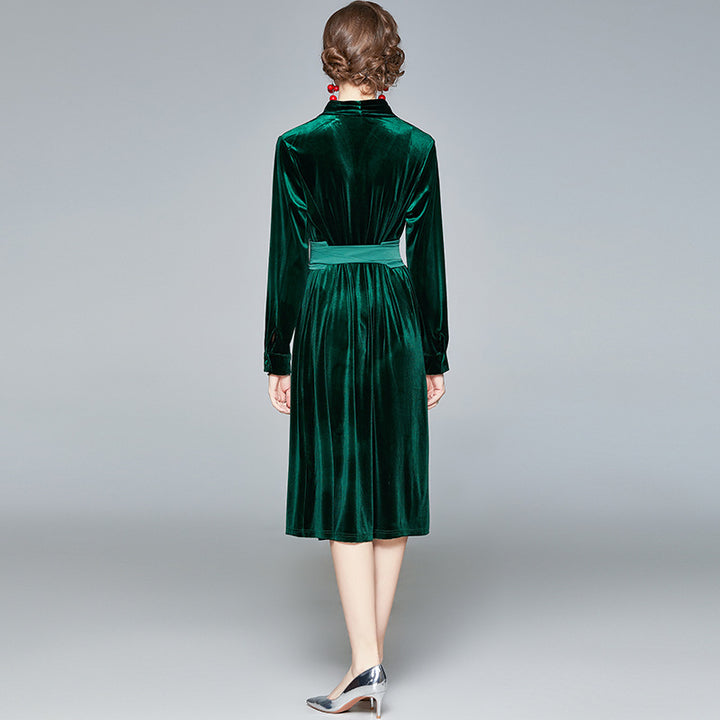 Women Velvet Midi Dress with Stand-up Collar and Fitted Tie Belt Mune Fashion