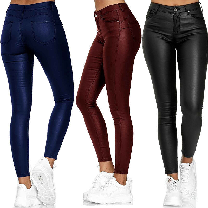 Women's high-waist vegan leather leggings with high elasticity and five-pocket look Mune Fashion