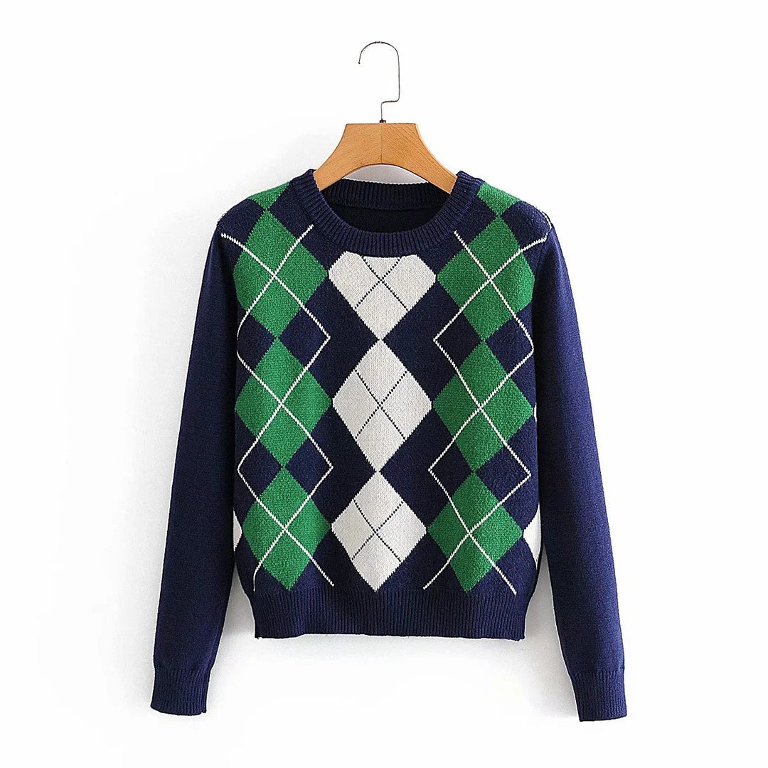 Women’s Argyle Knit Sweater with Round Neck and Ribbed Hem Mune Fashion
