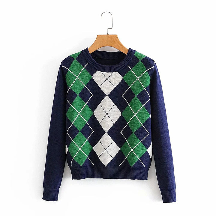 Women’s Argyle Knit Sweater with Round Neck and Ribbed Hem Mune Fashion