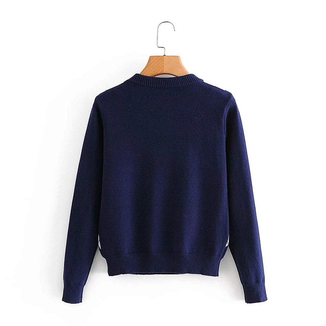 Women’s Argyle Knit Sweater with Round Neck and Ribbed Hem Mune Fashion