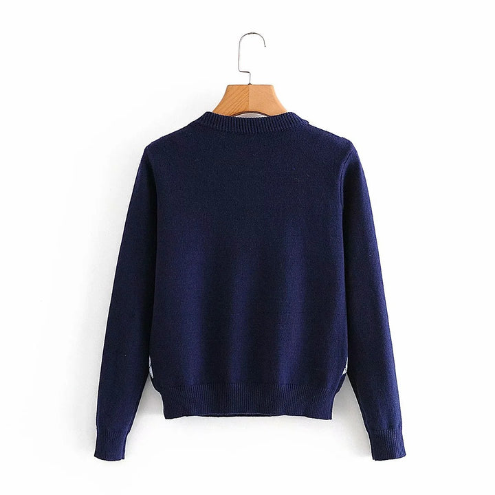 Women’s Argyle Knit Sweater with Round Neck and Ribbed Hem Mune Fashion