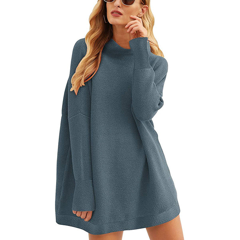 Women Casual Knit Mini Dress with Stand Collar, Oversized Cut and Fine Structured Knit Mune Fashion