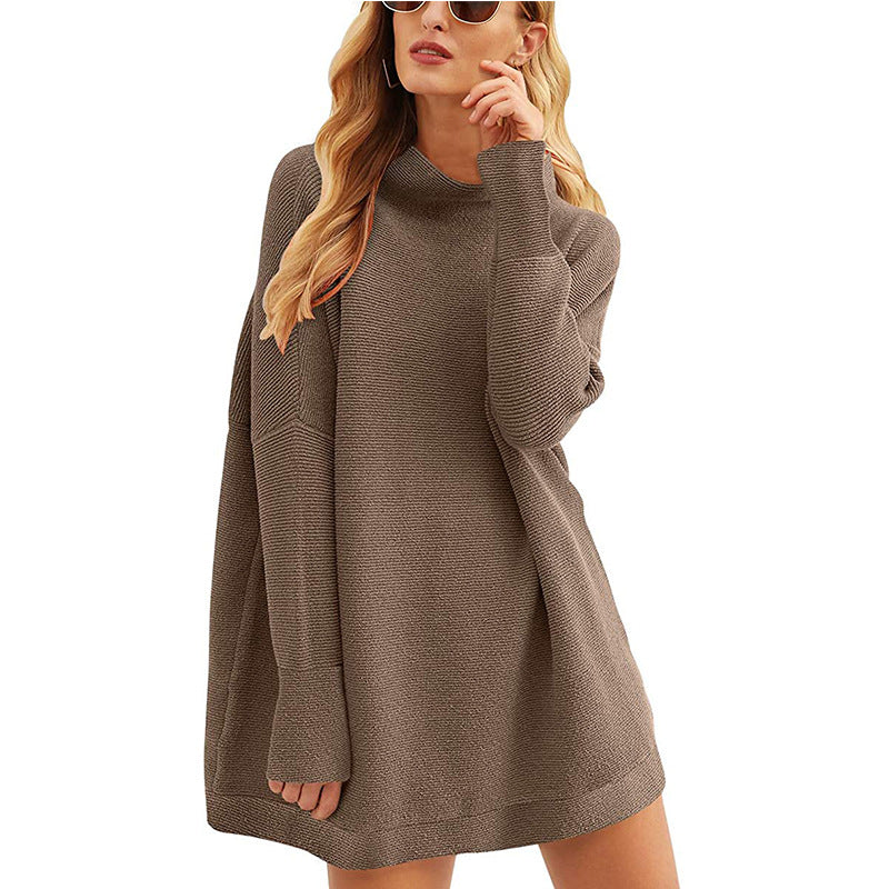 Women Casual Knit Mini Dress with Stand Collar, Oversized Cut and Fine Structured Knit Mune Fashion