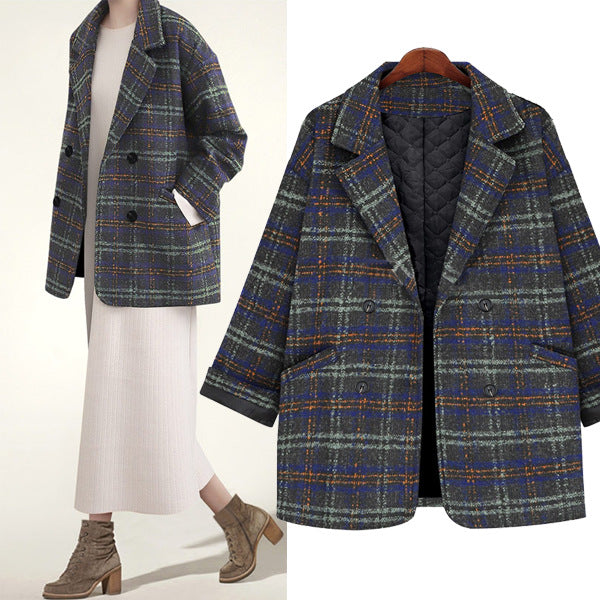Women's Short Checkered Oversized Wool Blend Coat with Quilted Thermal Lining Mune Fashion