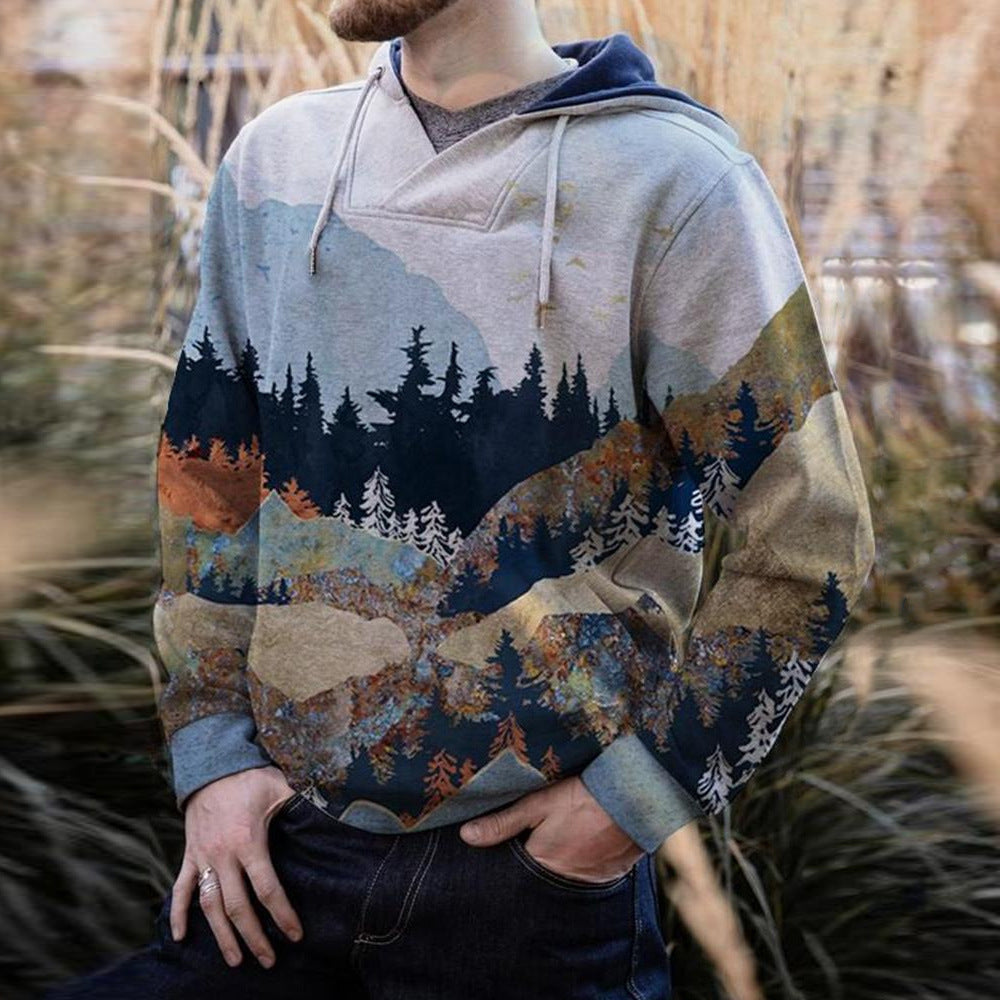 Men's spacious hoodie with large forest mountain print and kangaroo pocket Mune Fashion