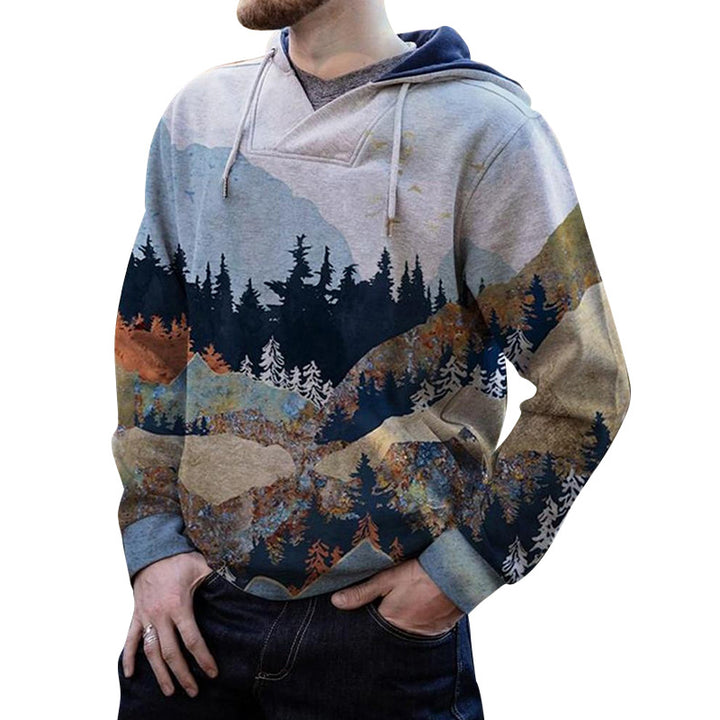 Men's spacious hoodie with large forest mountain print and kangaroo pocket Mune Fashion