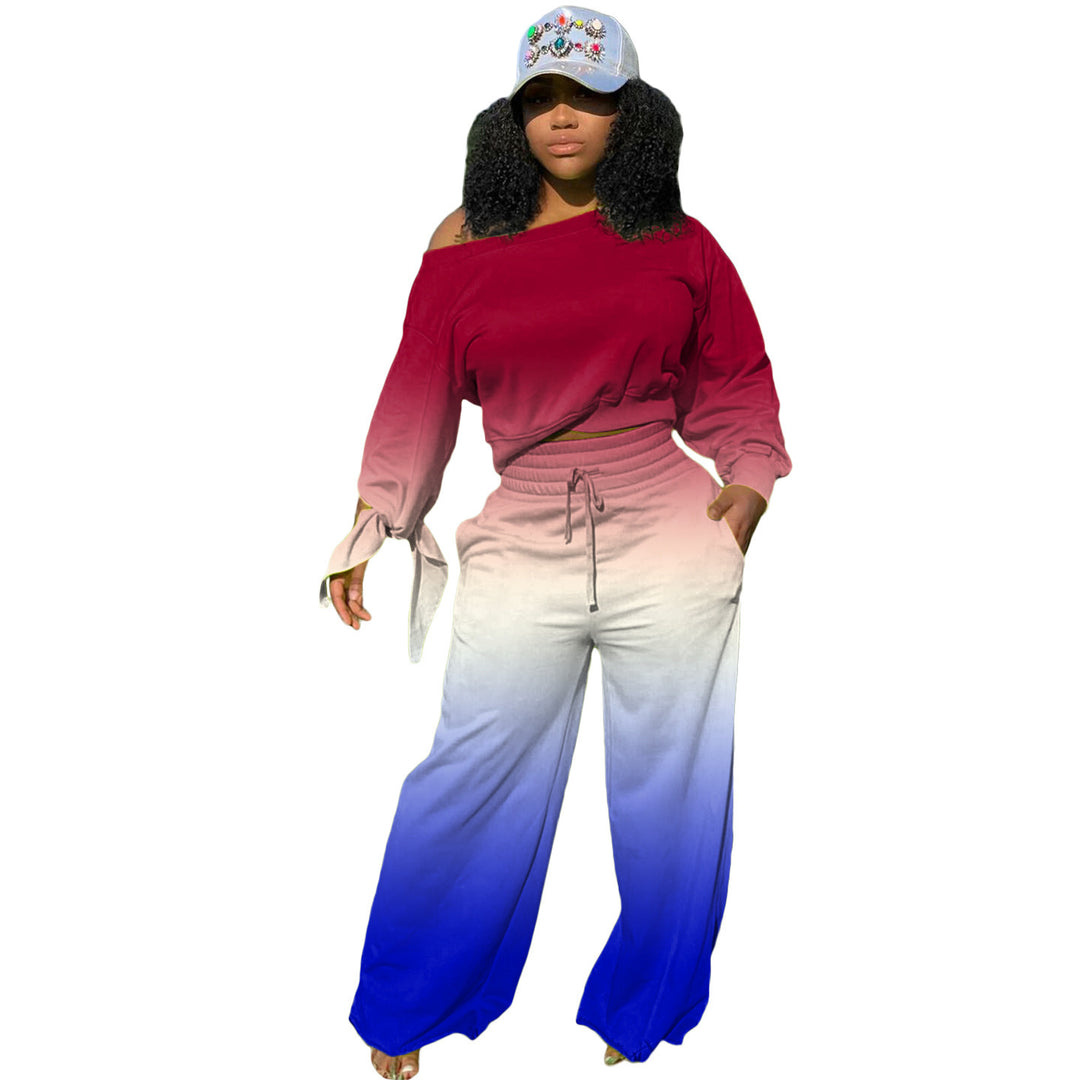 Women Two-Piece Lounge Set with Off-Shoulder Crop Sweatshirt, Tie Sleeves and High-Waist Palazzo Pants Mune Fashion