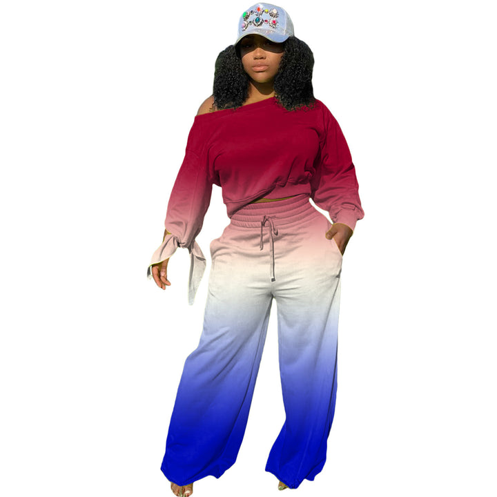 Women Two-Piece Lounge Set with Off-Shoulder Crop Sweatshirt, Tie Sleeves and High-Waist Palazzo Pants Mune Fashion