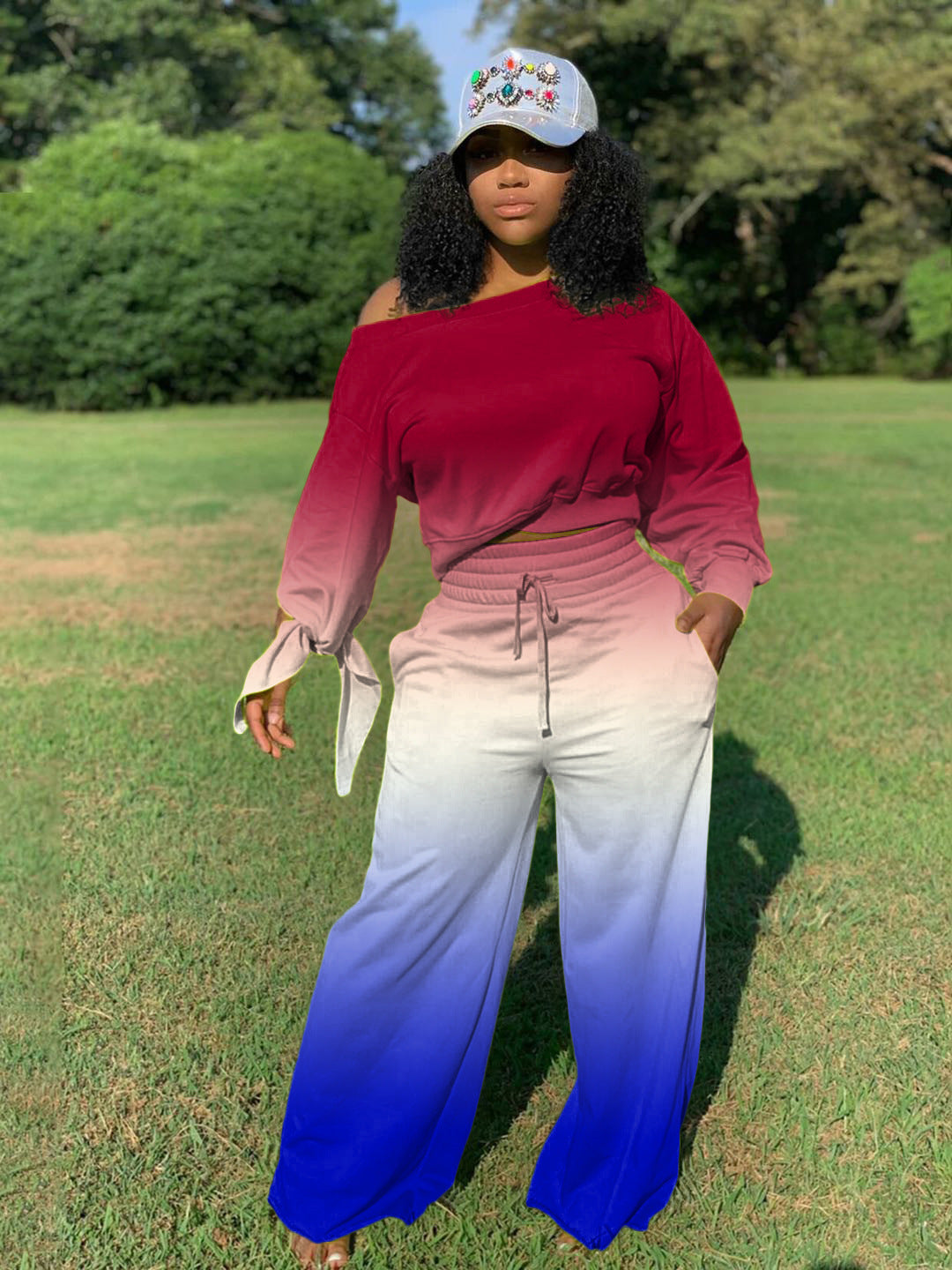 Women Two-Piece Lounge Set with Off-Shoulder Crop Sweatshirt, Tie Sleeves and High-Waist Palazzo Pants Mune Fashion