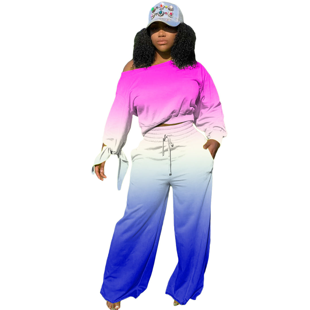 Women Two-Piece Lounge Set with Off-Shoulder Crop Sweatshirt, Tie Sleeves and High-Waist Palazzo Pants Mune Fashion