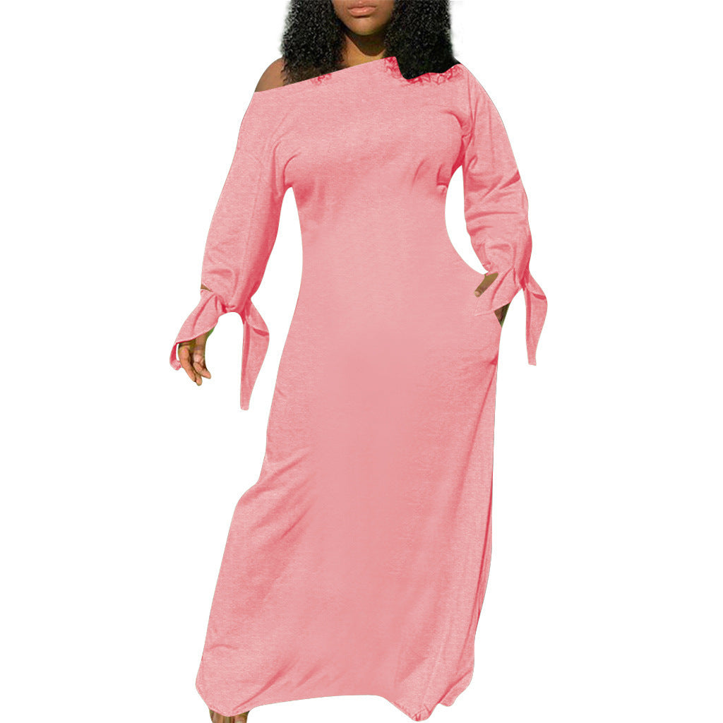 Women Asymmetrical Maxi Dress with One Shoulder, Long Sleeves and Bind Cuffs Mune Fashion