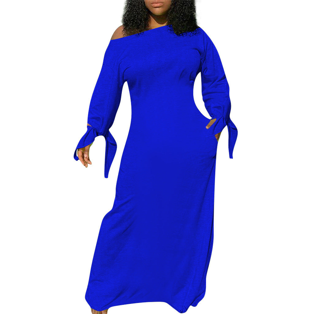Women Asymmetrical Maxi Dress with One Shoulder, Long Sleeves and Bind Cuffs Mune Fashion