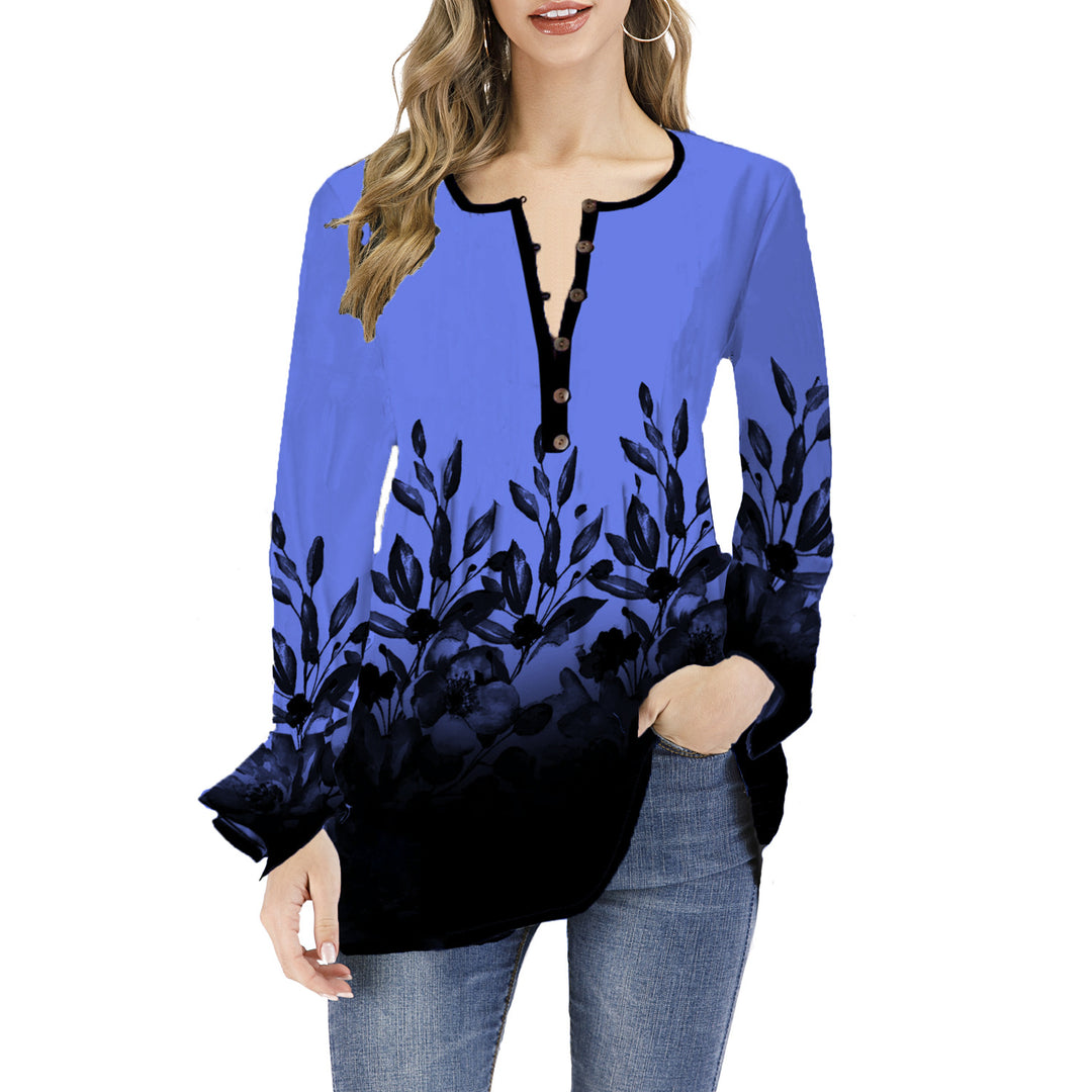 Women's Loose Long Sleeve Tunic Shirt with Henley Button Placket and Floral Ombre Print Mune Fashion