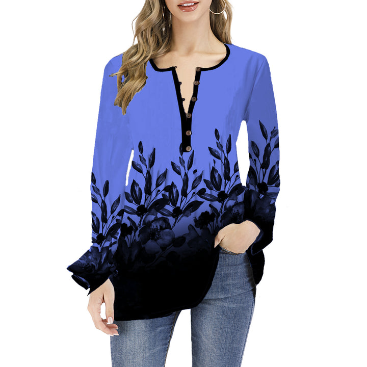 Women's Loose Long Sleeve Tunic Shirt with Henley Button Placket and Floral Ombre Print Mune Fashion