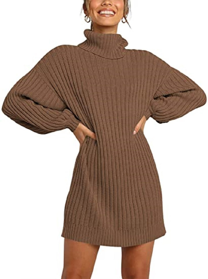 Women Ribbed Turtleneck Mini Dress with Oversized Silhouette and Balloon Sleeves Mune Fashion