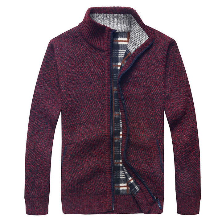 Men's knit cardigan with fleece lining, stand-up collar, and zip Mune Fashion