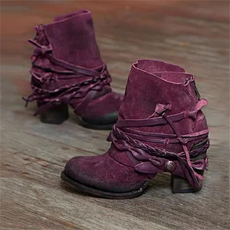 Women's Vintage Western Ankle Boots made of Suede with braided strap details and practical heel zip Mune Fashion
