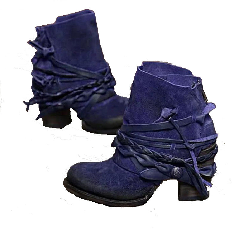 Women's Vintage Western Ankle Boots made of Suede with braided strap details and practical heel zip Mune Fashion