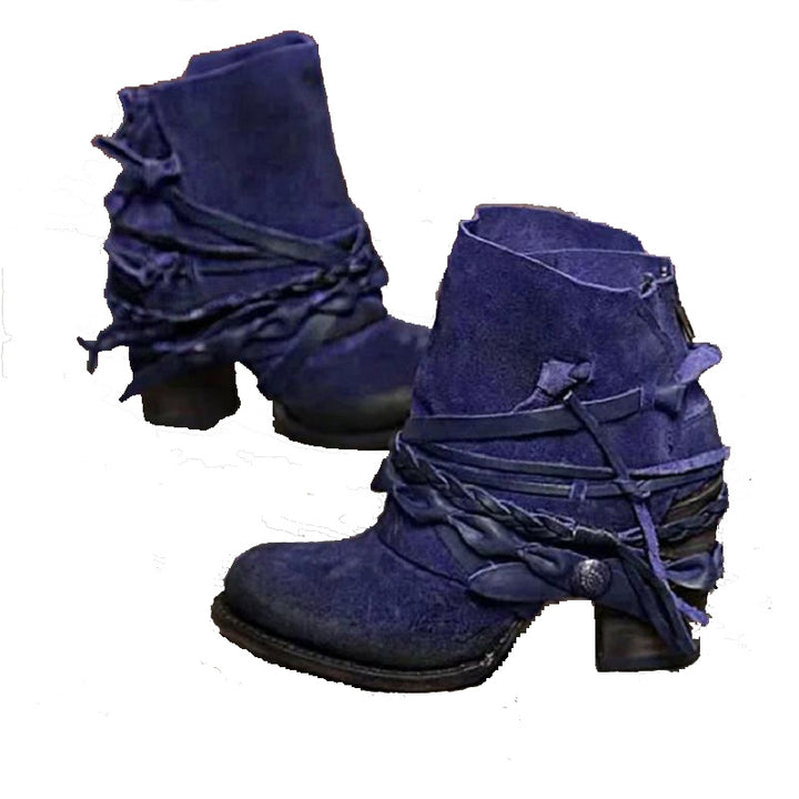 Women's Vintage Western Ankle Boots made of Suede with braided strap details and practical heel zip Mune Fashion