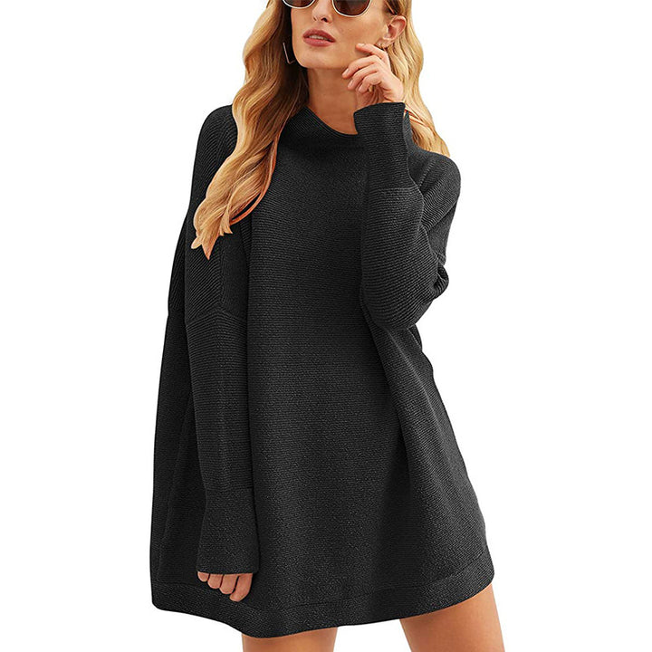 Women Casual Knit Mini Dress with Stand Collar, Oversized Cut and Fine Structured Knit Mune Fashion