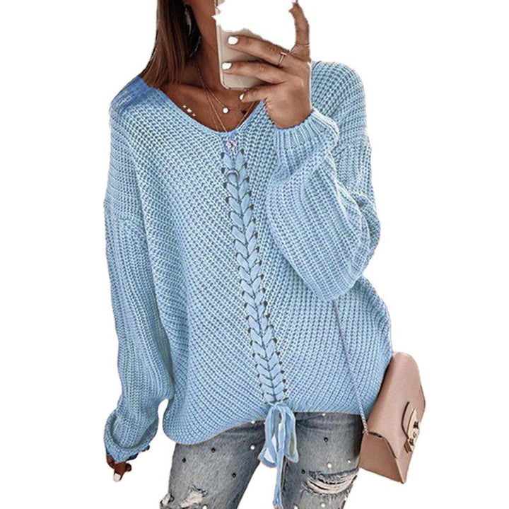 Women's Oversized Knit Sweater with V-Neck, Cable Knit and Lacing Mune Fashion