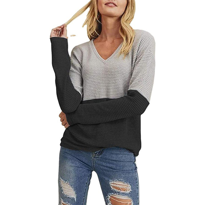 Women's Waffle Knit Sweater with V-Neck and Color Block Design Mune Fashion