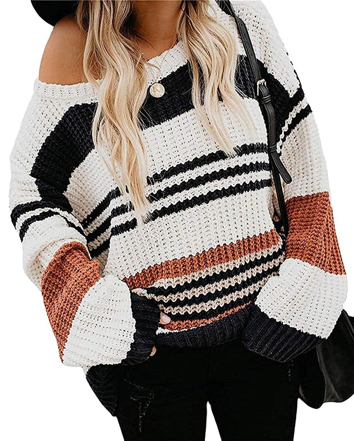 Women's Oversize Waffle Knit Sweater with Block Stripes and Dropped Shoulders Mune Fashion