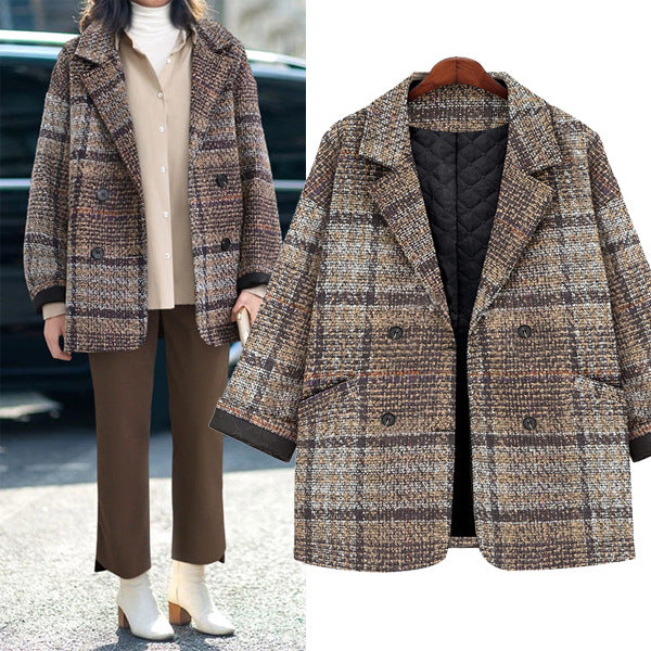 Women's Short Checkered Oversized Wool Blend Coat with Quilted Thermal Lining Mune Fashion