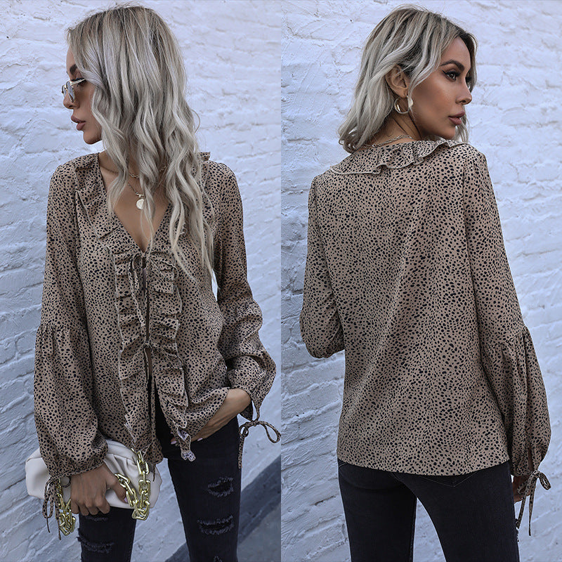 Women V-neck Ruffle Blouse with Ties Mune Fashion, Ruffle Front and Balloon Sleeves Mune Fashion