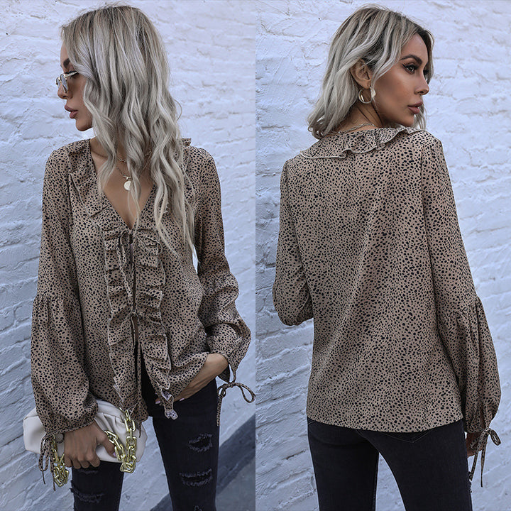 Women V-neck Ruffle Blouse with Ties Mune Fashion, Ruffle Front and Balloon Sleeves Mune Fashion